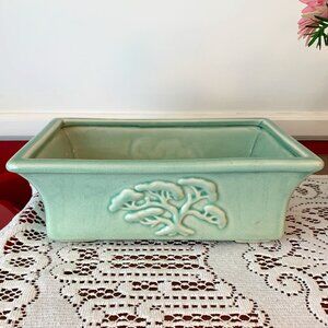 Vintage Jade Green Studio Pottery Rectangular Bonsai Tree Embellished Planter